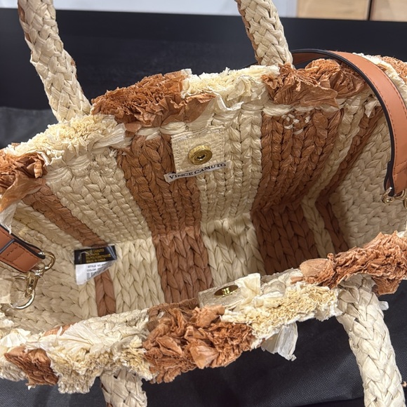Vince Camuto Woven Tan and Cream Striped Raffia Tote Bag Purse w Crossbody Strap - Picture 8 of 8